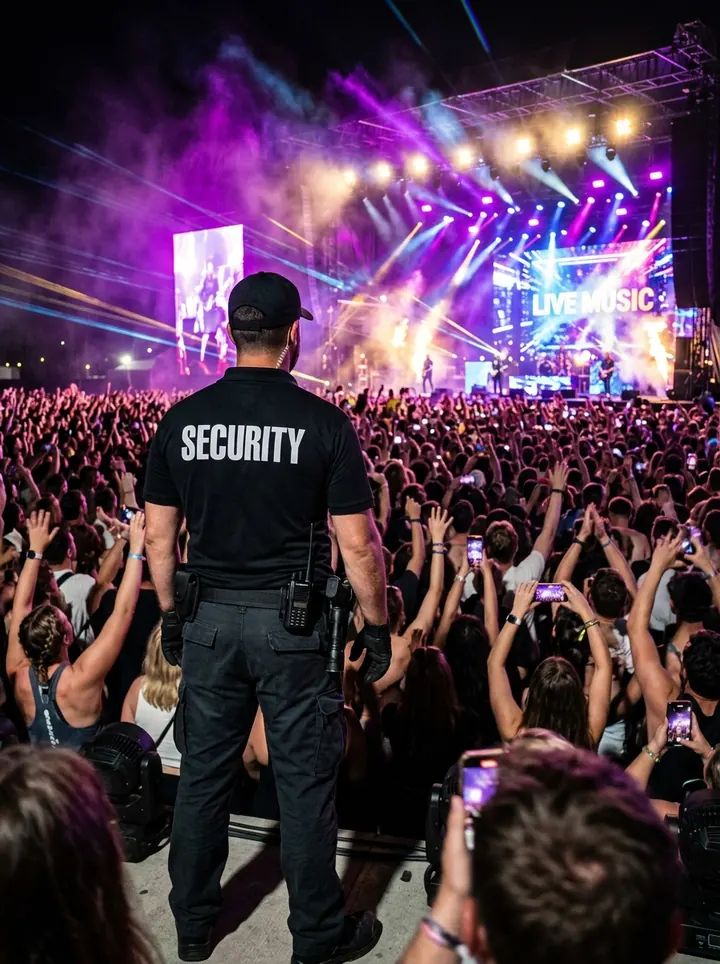Event security officer overseeing a concert crowd under colorful stage lights